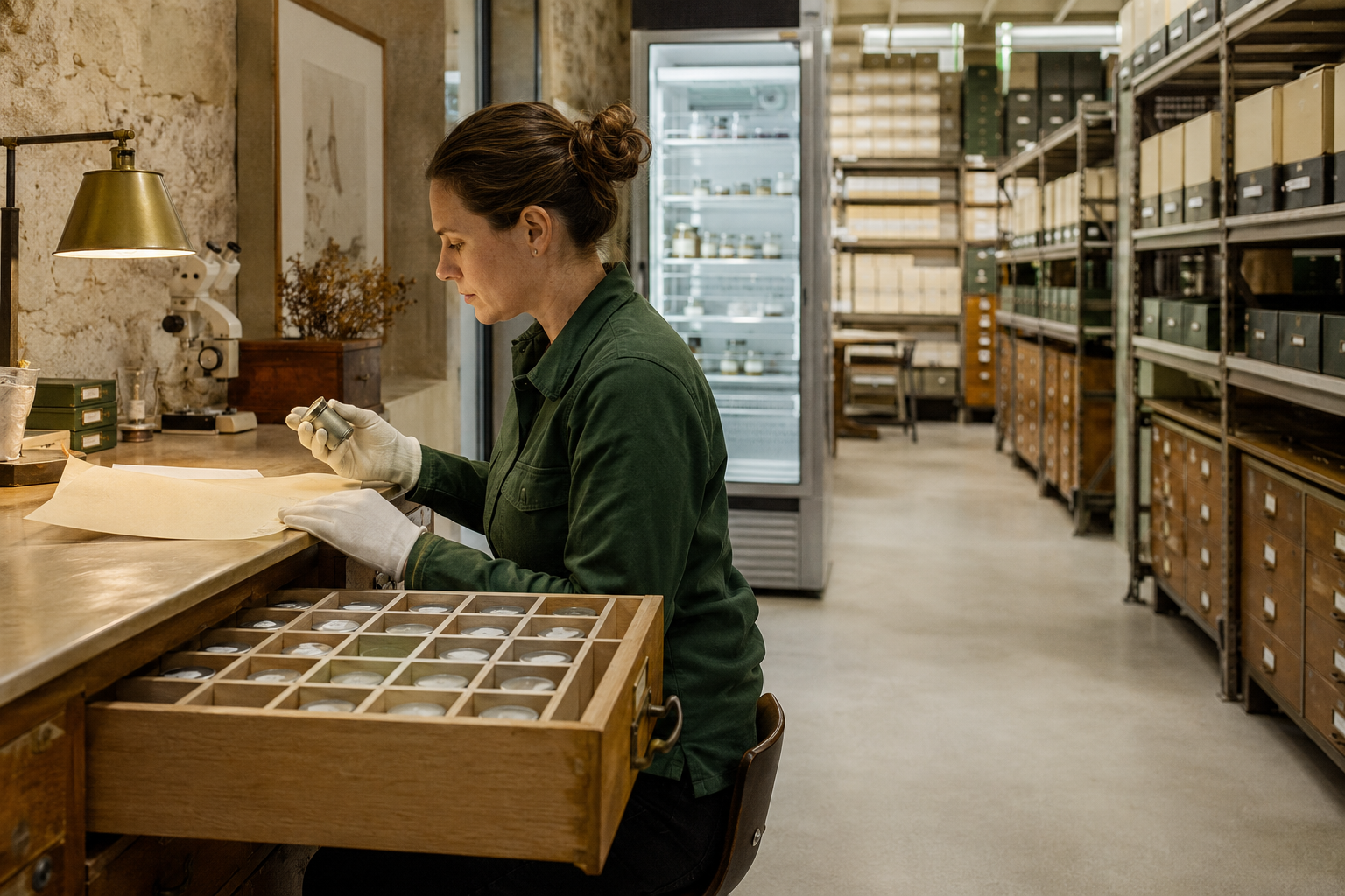 An archivist carefully documenting a preserved sample in a secure archive