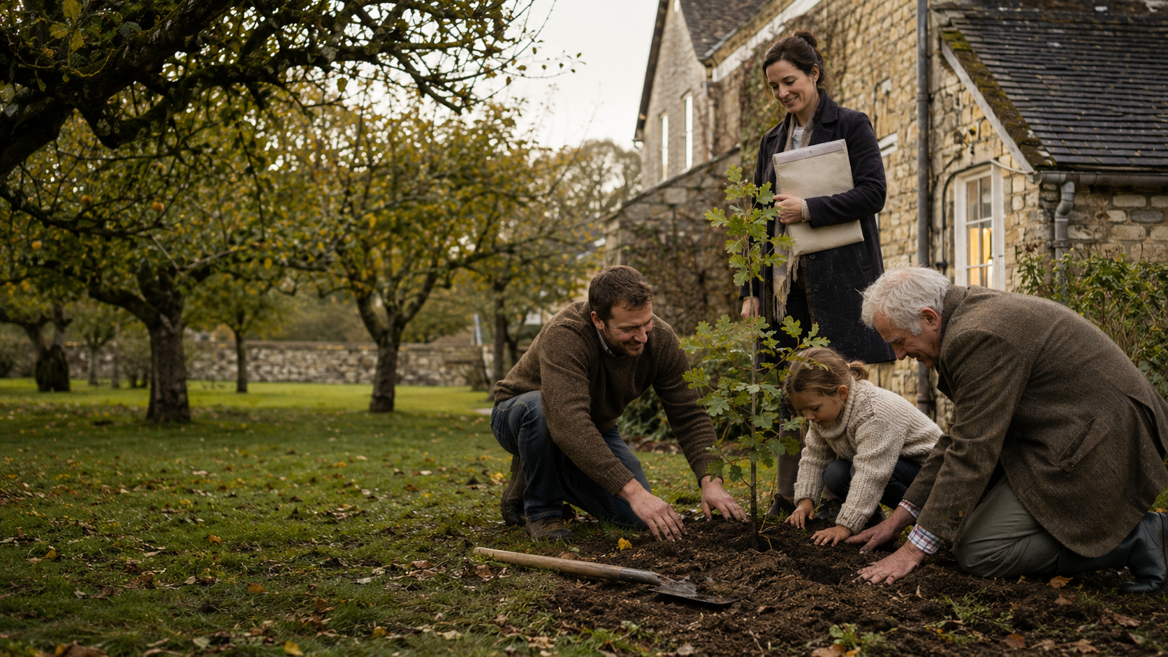 Three generations planting an oak tree together