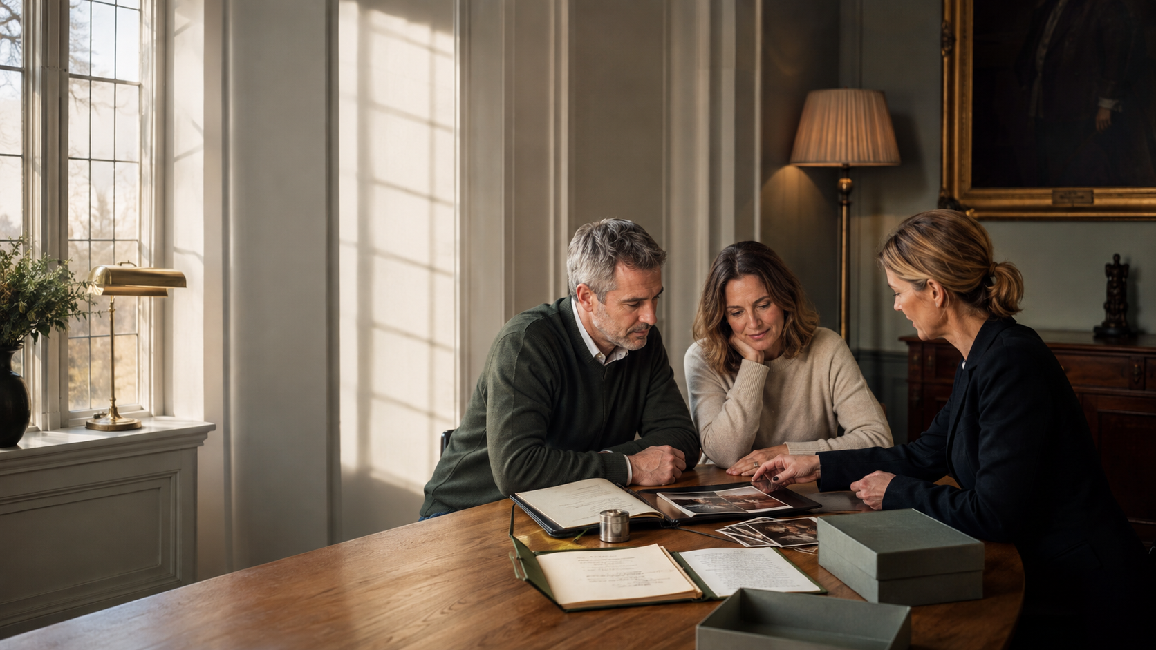 A couple preparing their family archive with a preservation adviser at a table
