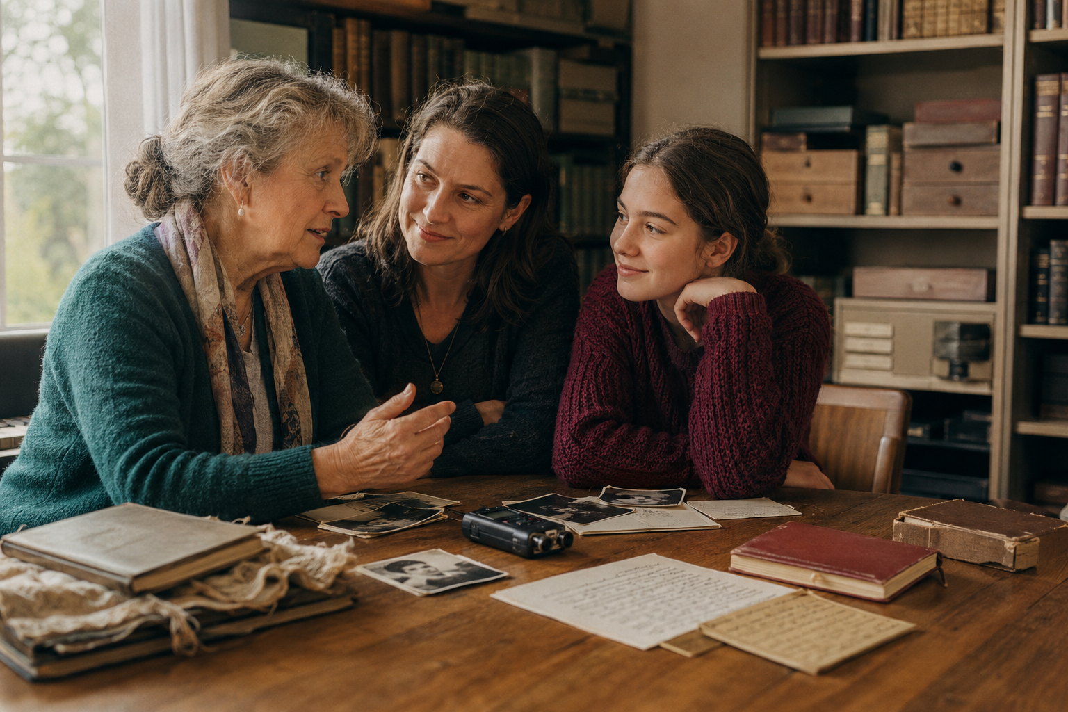 Three generations recording family stories around a table